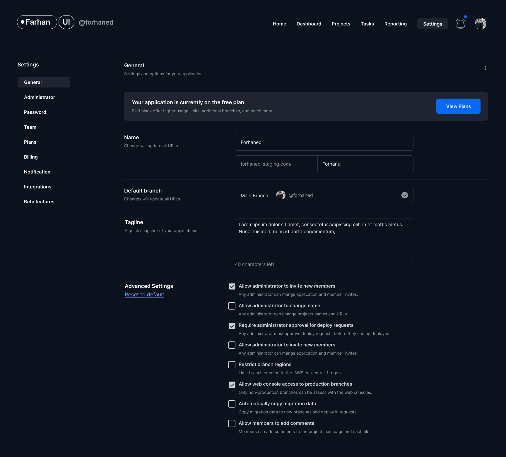Settings Dashboard
